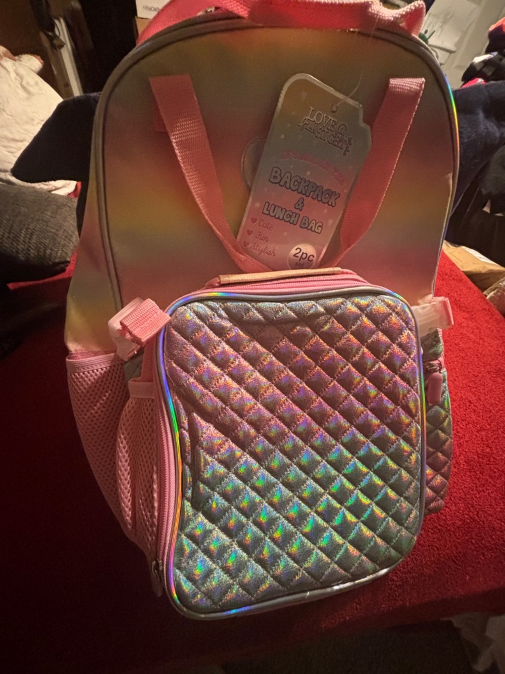 Love At First Sight Iridescent Quilted Backpack with Lunch Bag - Pink Accents.